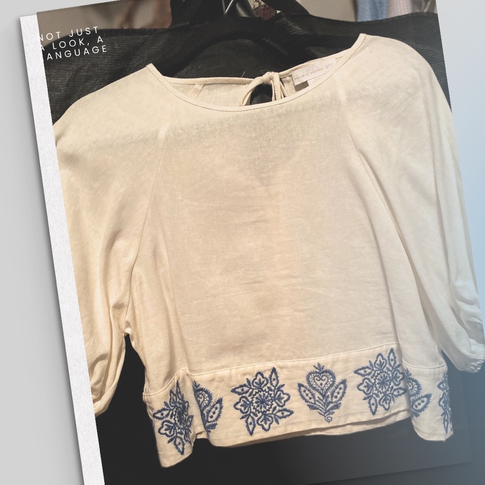 Chic White Blouse with Blue Embroidery